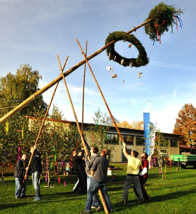 Mehrere Männer richten mit langen Holzstangen einen hohen Baum auf, an dessen Spitze ein großer Kranz mit bunten Bändern und kleinen angehängten Dingen hängt; ringsum auf der Wiese mit Bändern geschmückte Bäumchen, dahinter ein Flachbau und eine blaue Fahne.
