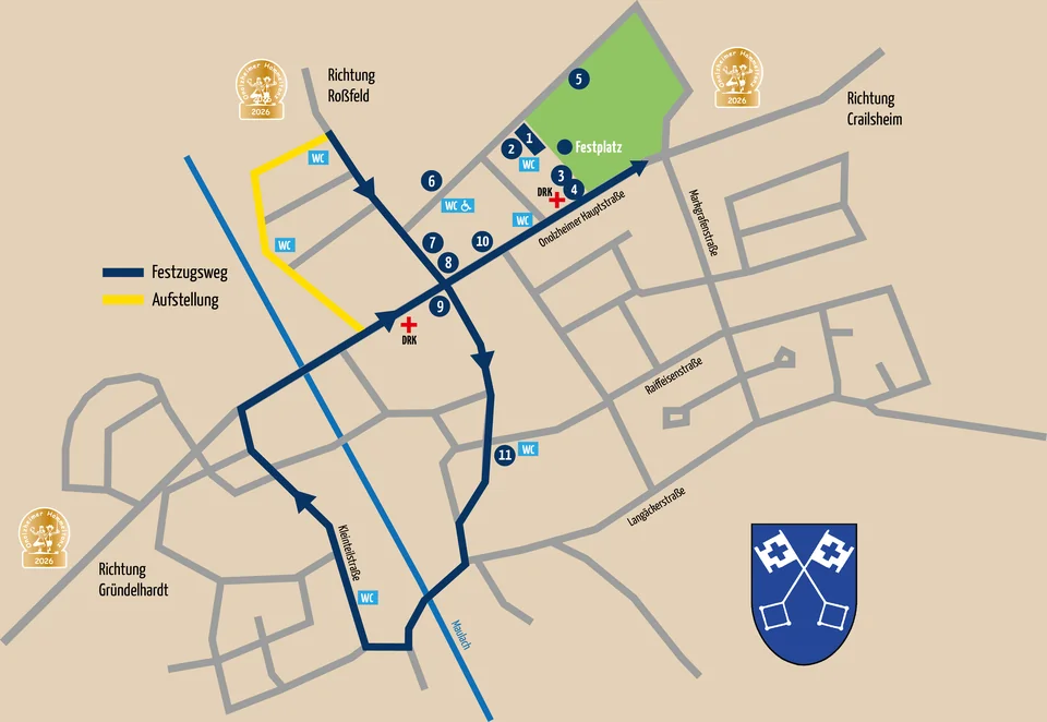 Festzugskarte von Onolzheim: Festzugsweg durch die Ortsmitte bis zum Festplatz an der Onolzheimer Hauptstraße, Aufstellung im Westen, nummerierte Stände, WC- und DRK-Punkte