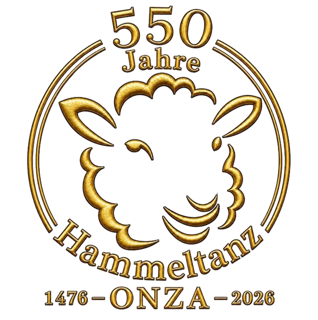 Goldenes Jubiläumszeichen: ein Hammelkopf im Doppelkreis, darüber „550 Jahre“, darunter „Hammeltanz“ und „1476 – ONZA – 2026“