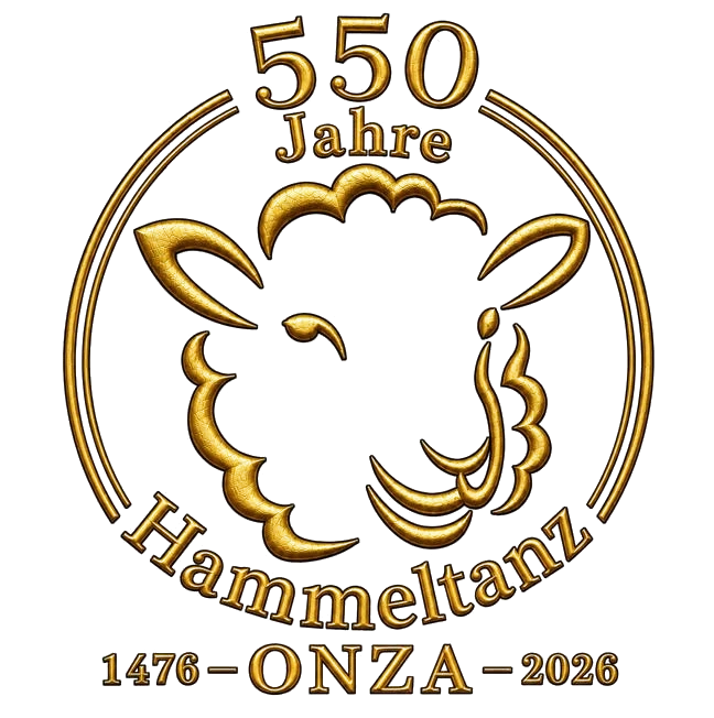 Goldenes Jubiläumszeichen: ein Hammelkopf im Doppelkreis, darüber „550 Jahre“, darunter „Hammeltanz“ und „1476 – ONZA – 2026“