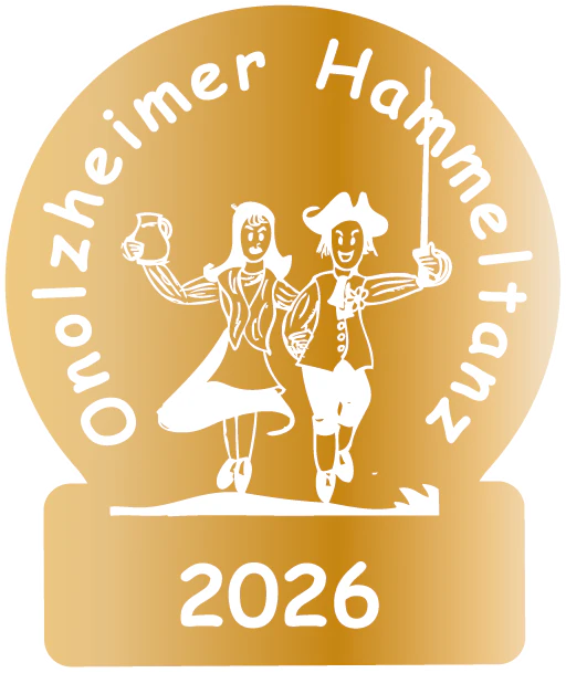 Plakette des Onolzheimer Hammeltanzes 2026: Tanzpaar mit Krug und Degen